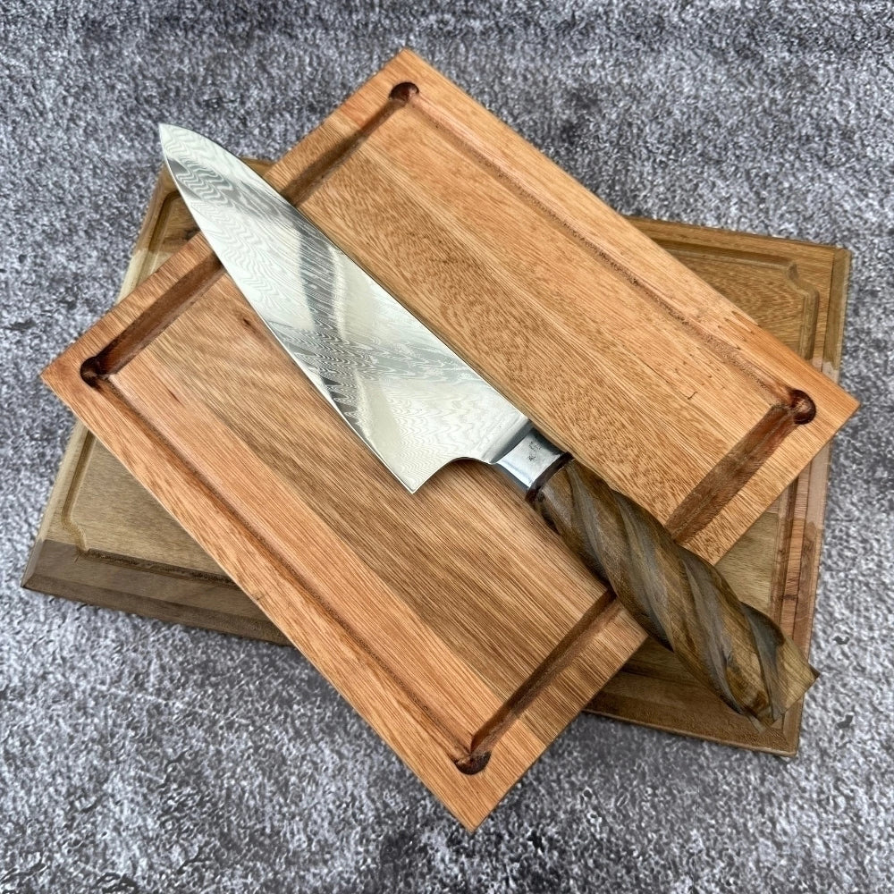 Cuchillo Acero Damasco · Madera Tallada Espiral