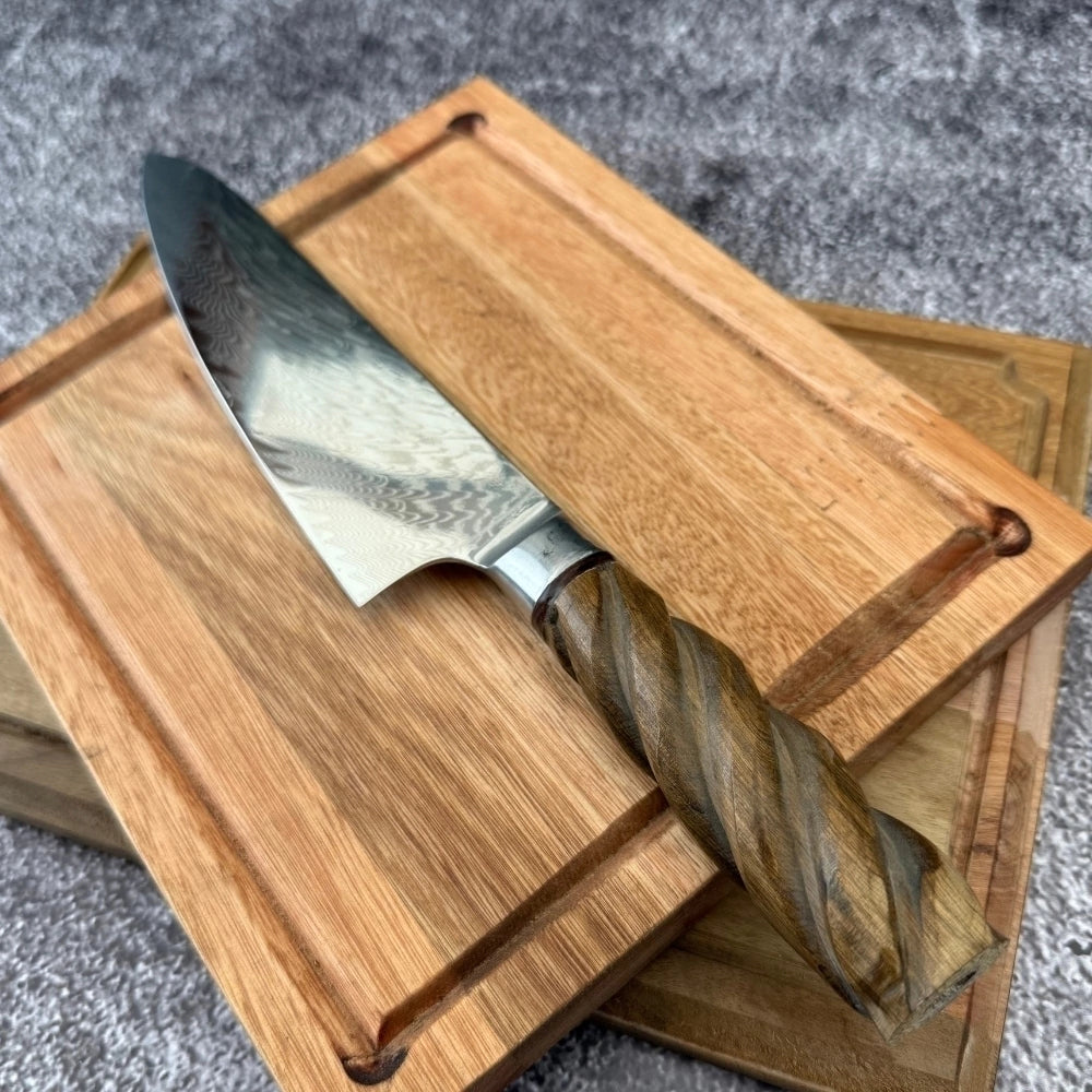 Cuchillo Acero Damasco · Madera Tallada Espiral