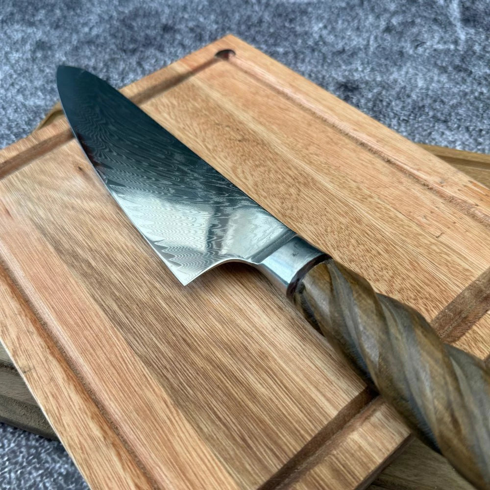 Cuchillo Acero Damasco · Madera Tallada Espiral