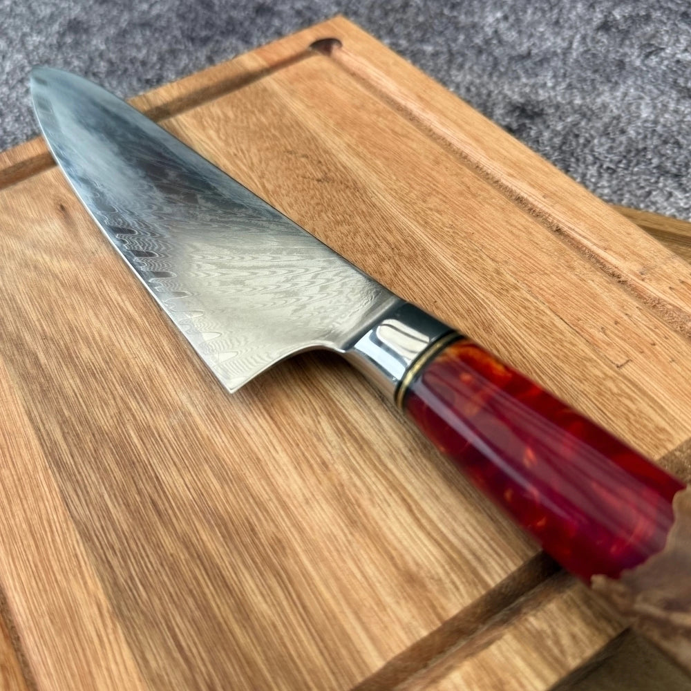 Cuchillo Acero Damasco · Madera y Resina Roja