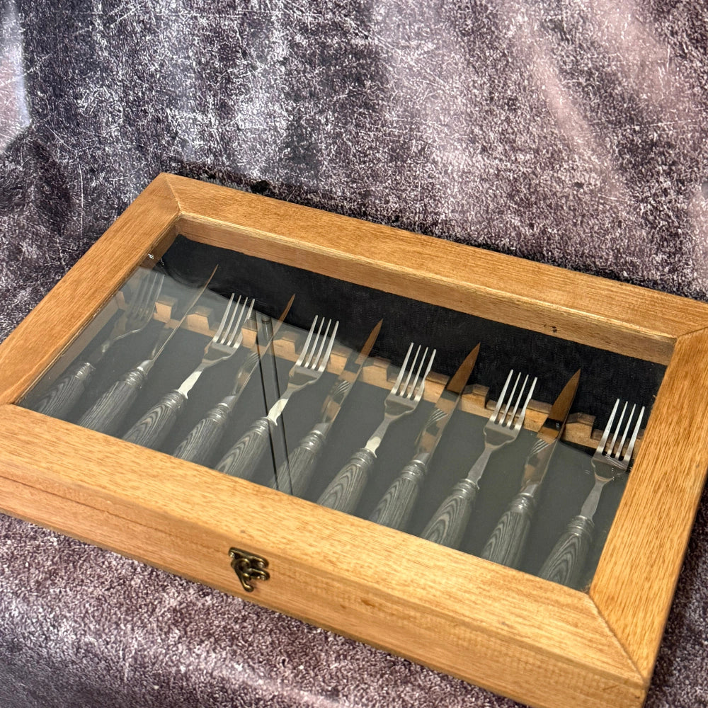 Juego de Cubiertos Acero Damasco · Madera Pakkawood y Alpaca